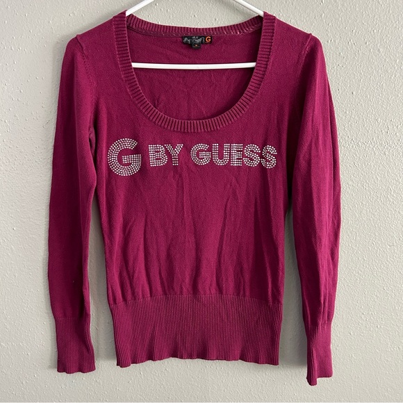 G By Guess Y2K Rhinestone Bling Embellished Spellout Red Long Sleeve Sweater M - Picture 1 of 5